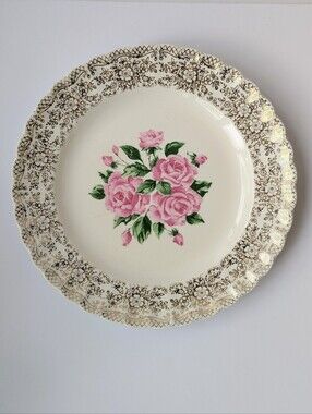 Vintage Dinner Plate China Bouquet Sebring Pottery Co. 9 3/4" 22K Gold Filigree